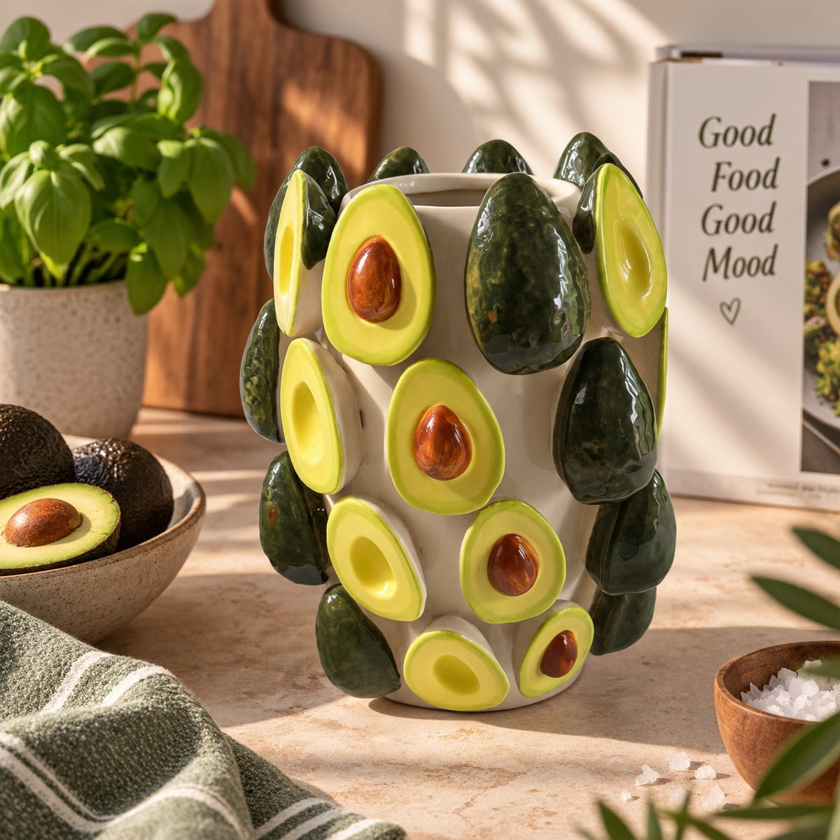Groene avocado-vaas van 33 cm met reliëf