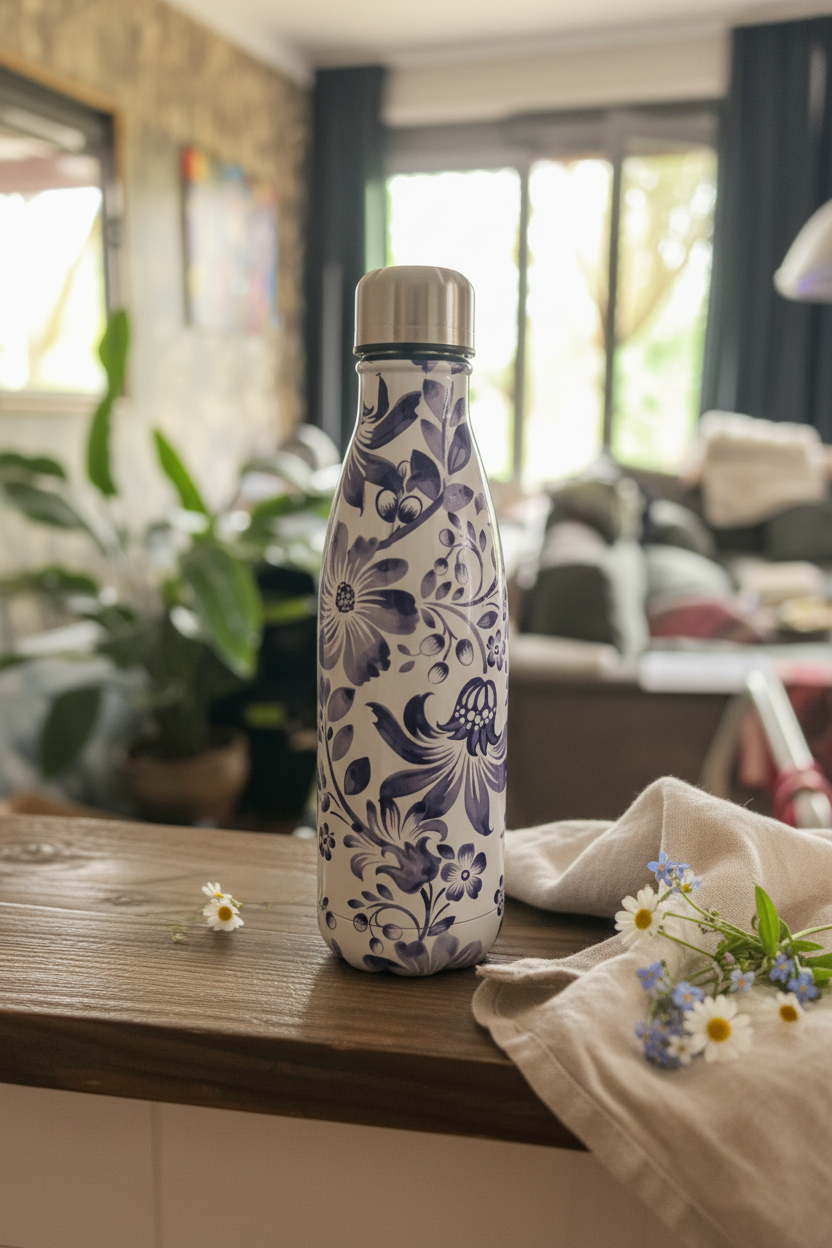 Isoleerfles 500ml Delfts blauw gestyled met linnen servet en bloemen