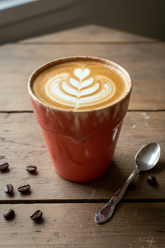 Grespresso latte kopje rood met latte art gestyled op rustieke tafel
