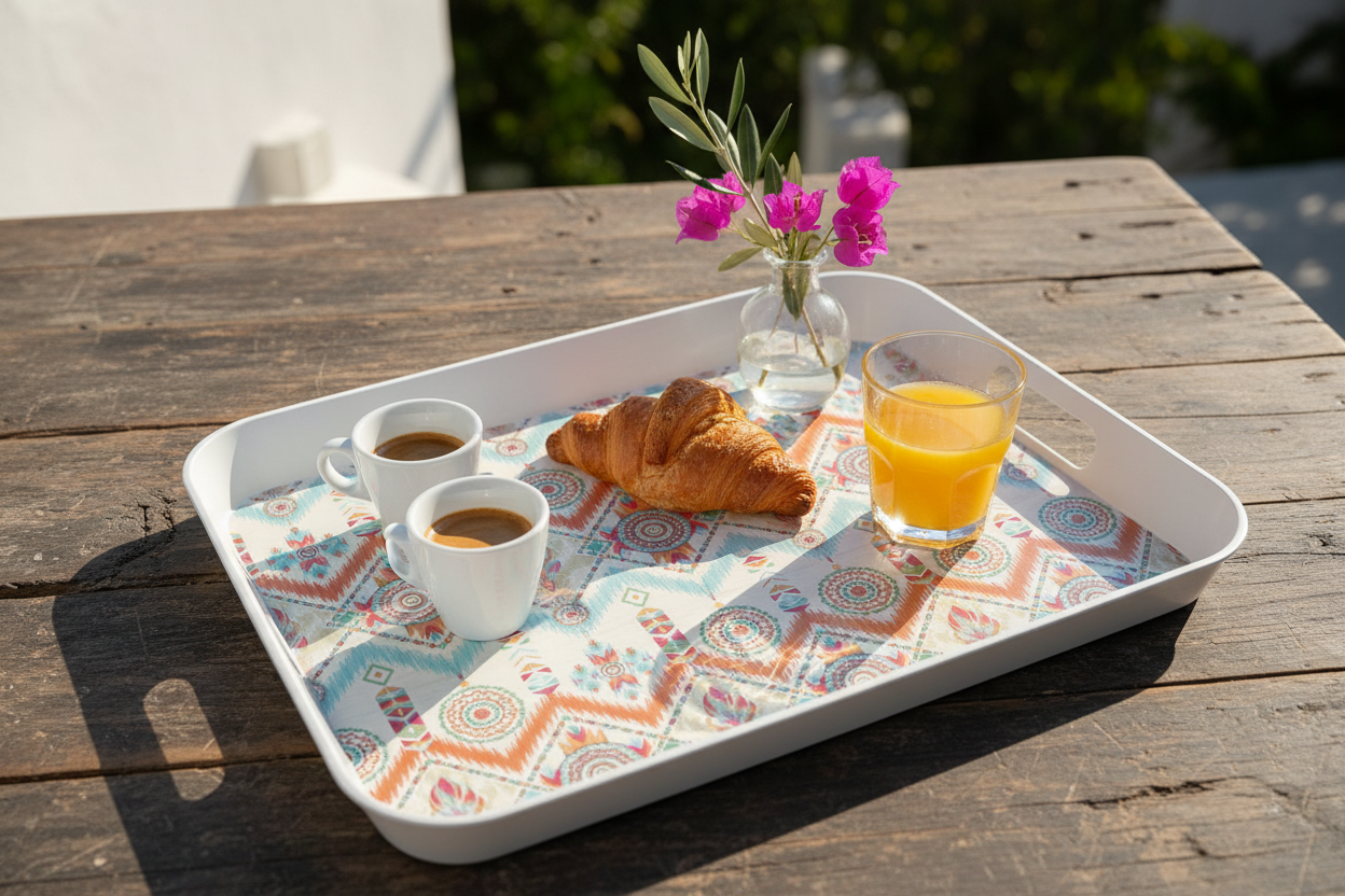 Dienblad Ibiza mandala print aangekleed met ontbijt en catering styling