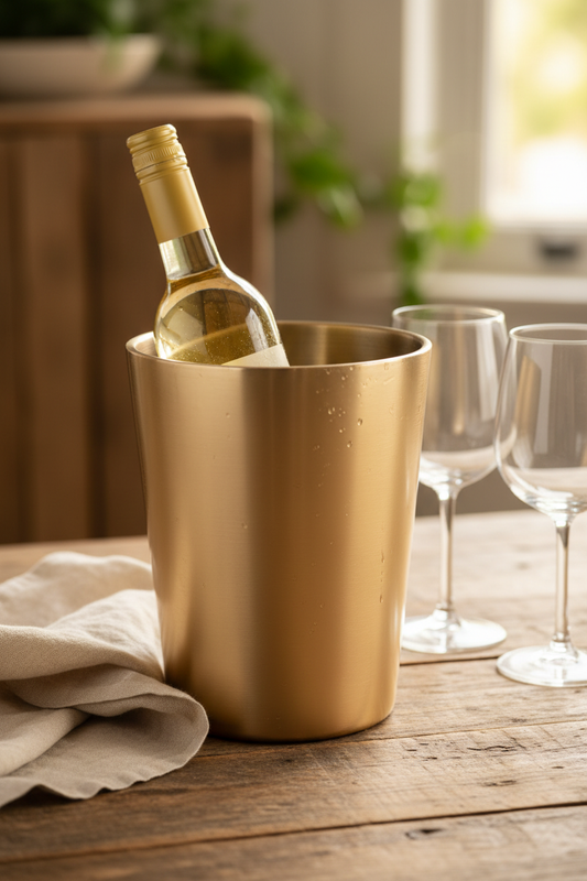 Gouden wijnkoeler met wijnfles gestyled op rustieke tafel
