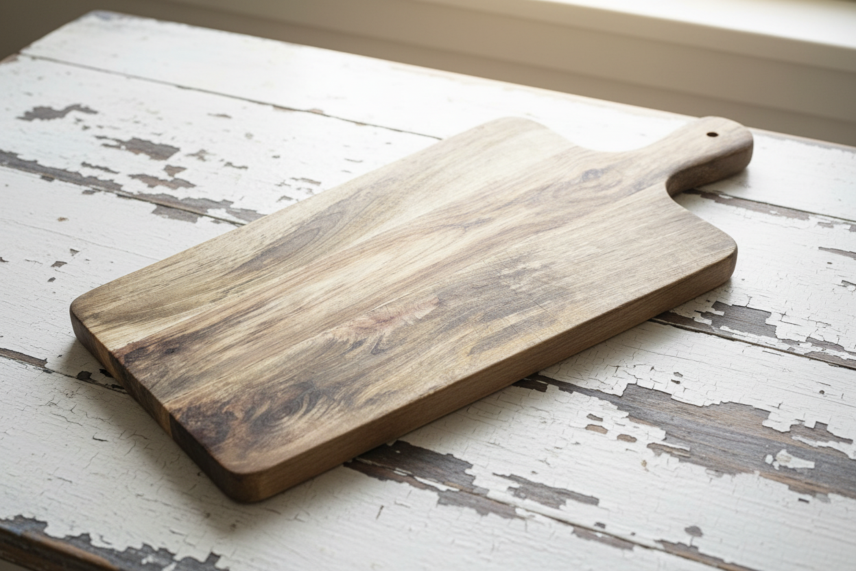 Rustieke mangohout snijplank 69x30cm op vintage witte houten tafel