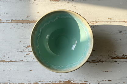 Handgemaakte keramiek kom aqua op vintage witte houten tafel