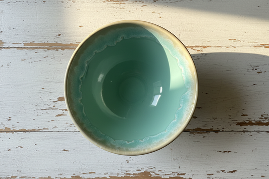 Handgemaakte keramiek kom aqua op vintage witte houten tafel