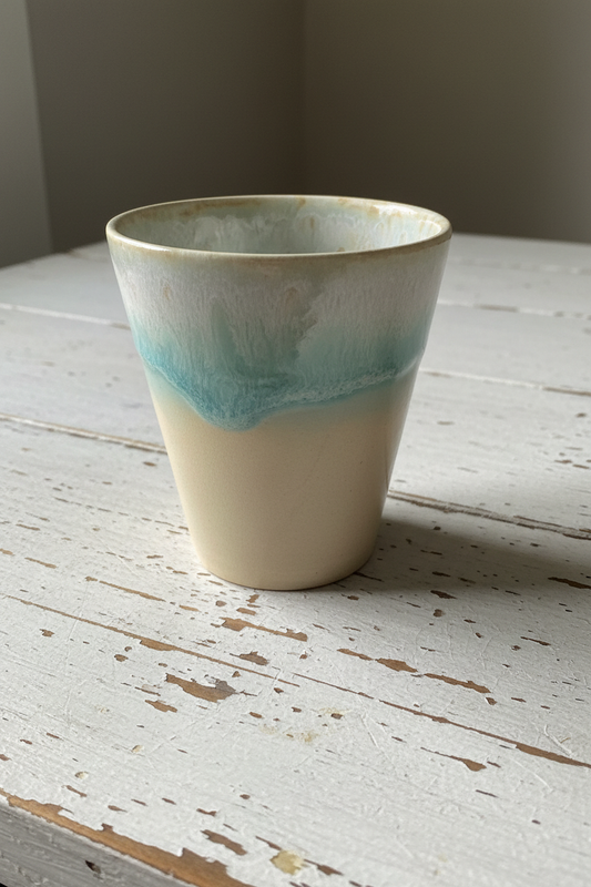 Handgemaakt keramiek latte kopje aqua op vintage witte houten tafel