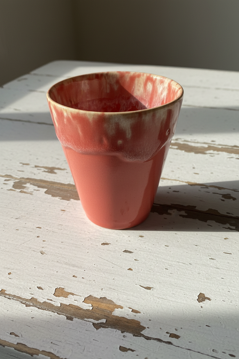 Handgemaakt keramiek latte kopje rood op vintage witte houten tafel